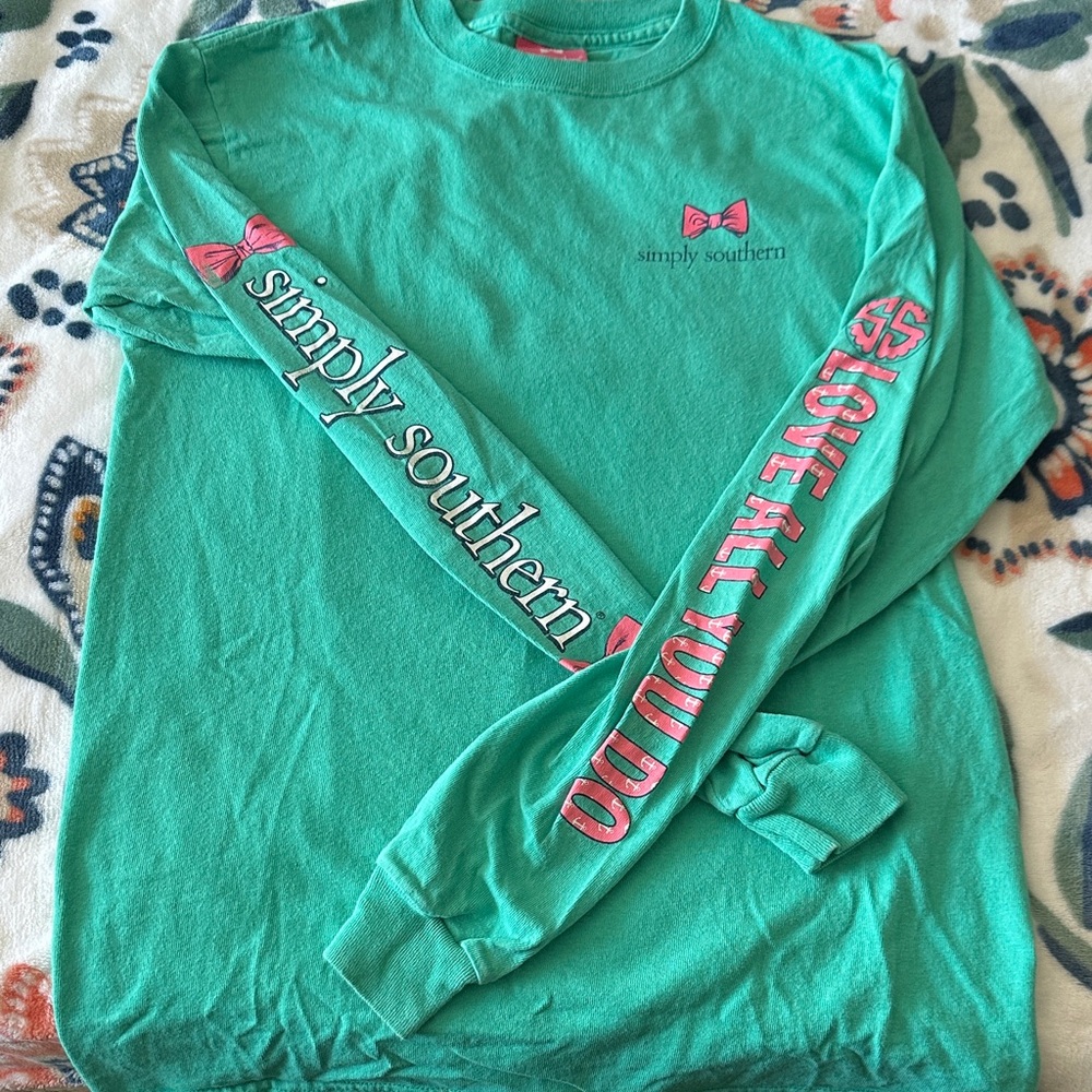 Simply Southern Teal Long Sleeve Tee with Pink Accents